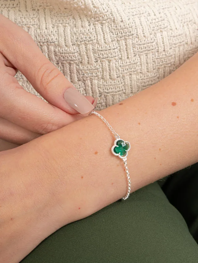 Pulseira de Prata 925 Trevo Detalhado Verde Pequeno