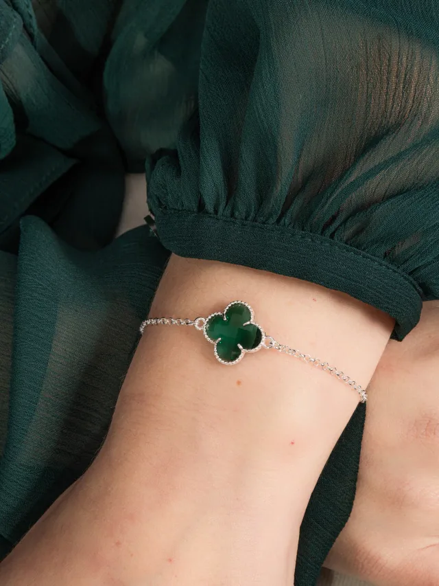 Pulseira de Prata 925 Trevo Detalhado Verde