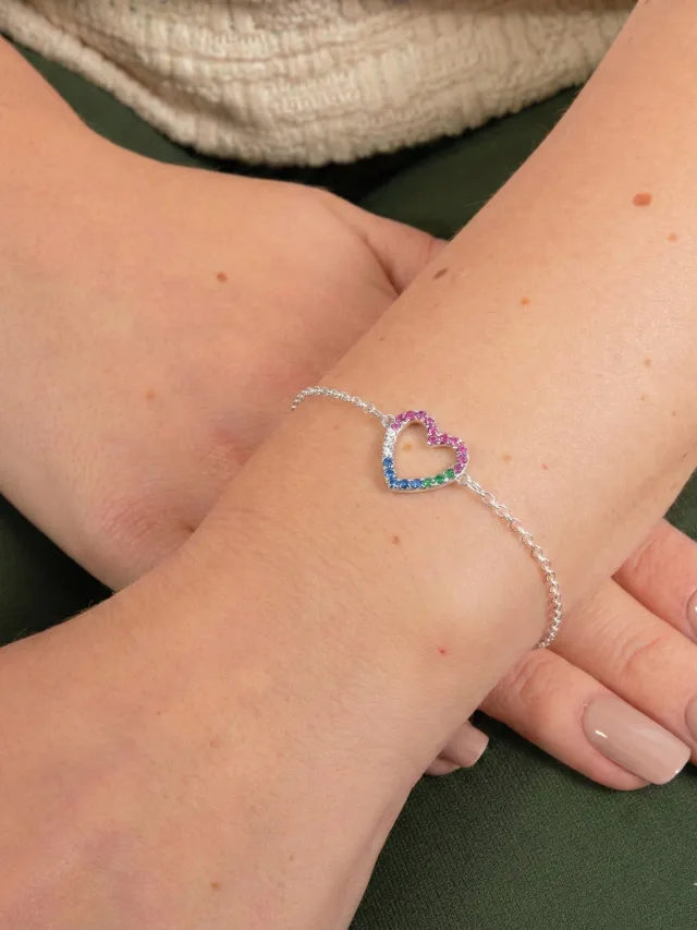 Pulseira de Prata 925 Coração Central Cravejado com Zircônias Coloridas