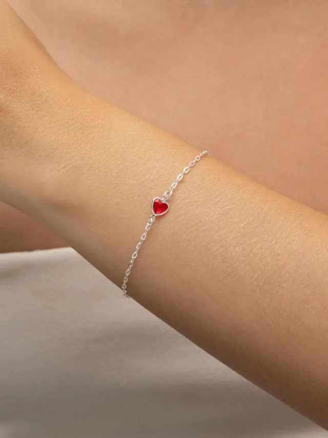 Pulseira de Prata 925 Ponto de Luz Coração Vermelho Central