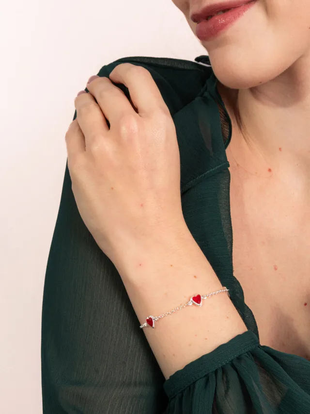 Pulseira de Prata 925 com Corações Vermelhos