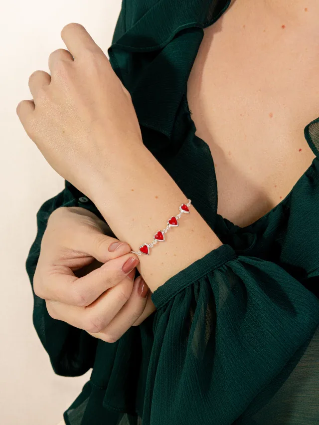 Pulseira de Prata 925 Corações Vermelhos