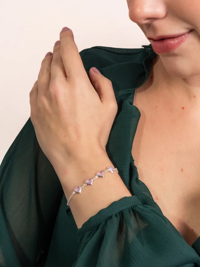 Pulseira de Prata 925 Corações Lilás II