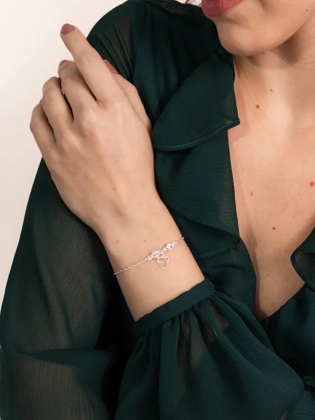 Pulseira de Prata 925 Pontos de Luz e Coração Vazado