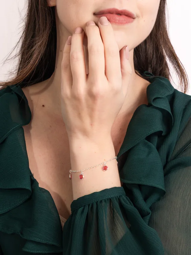 Pulseira de Prata 925 Zircônias Redondas Penduradas Rosas