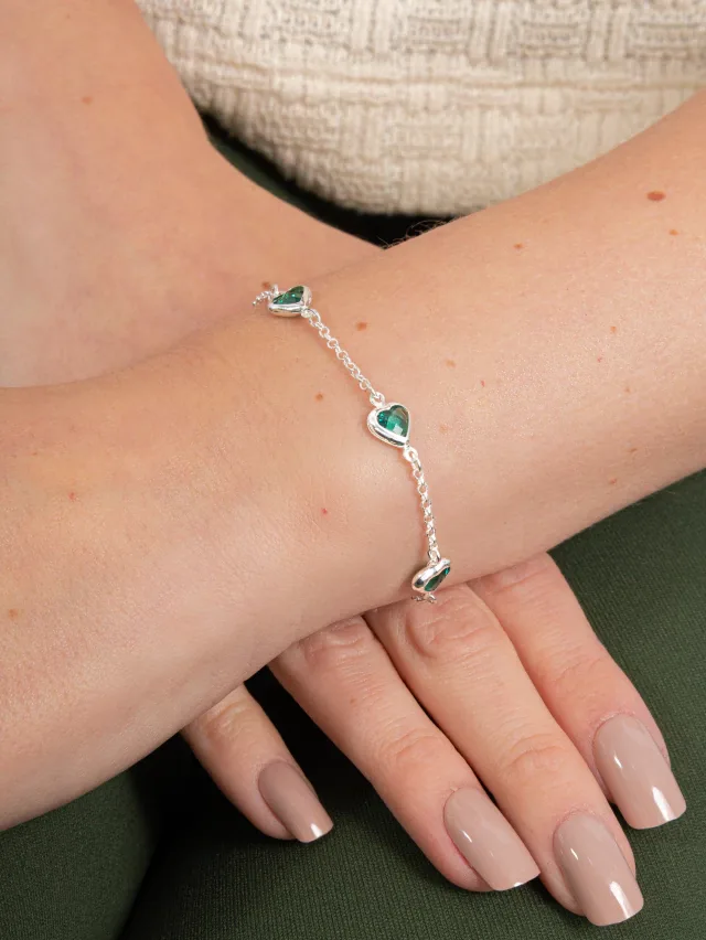 Pulseira de Prata 925 com Corações Verdes