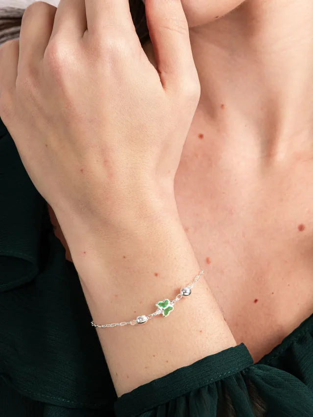 Pulseira de Prata 925 Borboleta Verde e Bolas
