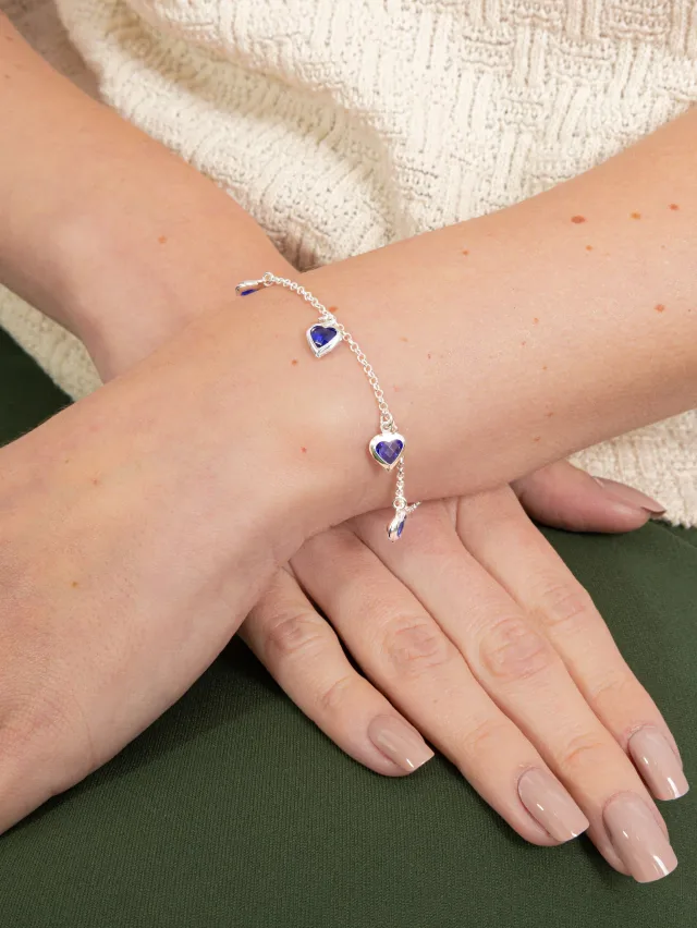 Pulseira de Prata 925 Corações Pendurados Azuis