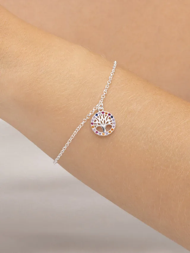 Pulseira de Prata 925 Pingente Árvore da Vida com Zircônias Coloridas