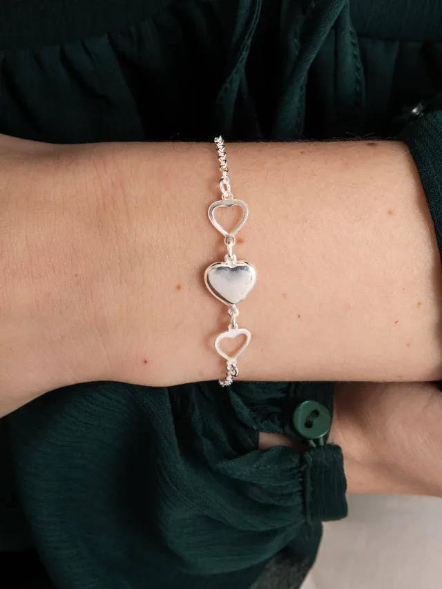 Pulseira de Prata 925 Corações Vazados e Liso