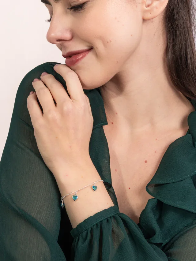 Pulseira de Prata 925 Corações Pendurados Azul Claro