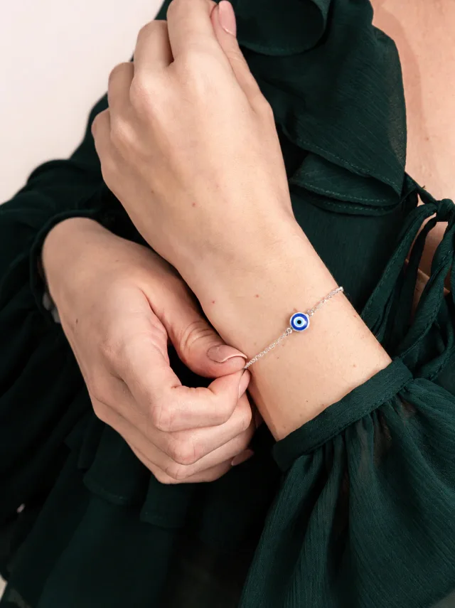 Pulseira de Prata 925 Olho Grego Grande Central Azul Escuro