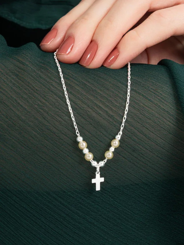 Pulseira de Prata 925 Pingente de Cruz e Pérolas
