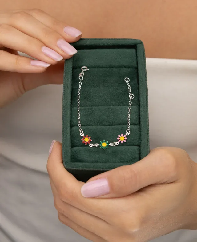 Pulseira de Prata 925 Infantil com Flores Central Resinadas