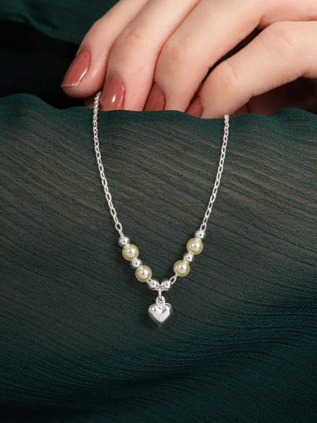Pulseira de Prata 925 Bolinhas, Pérolas e Coração