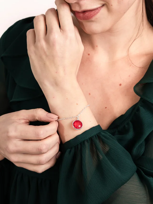 Pulseira de Prata 925 Zircônia Vermelha Grande Pendurada