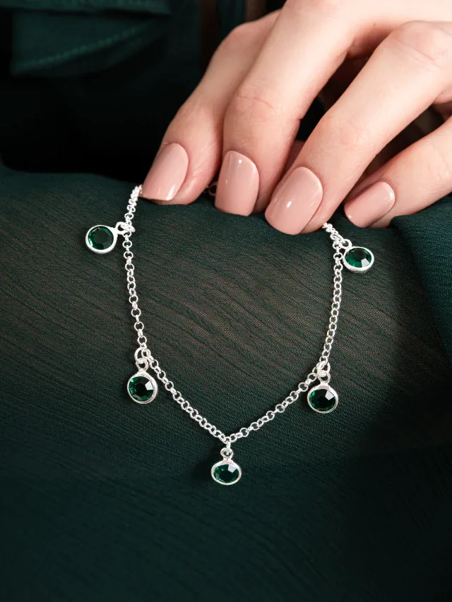 Pulseira de Prata 925 Zircônias Redondas Penduradas Verdes Escuras