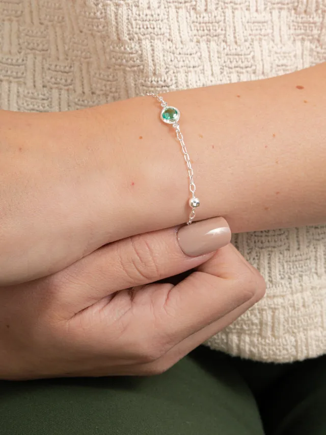 Pulseira de Prata 925 Zircônia Verde Central e Bolas