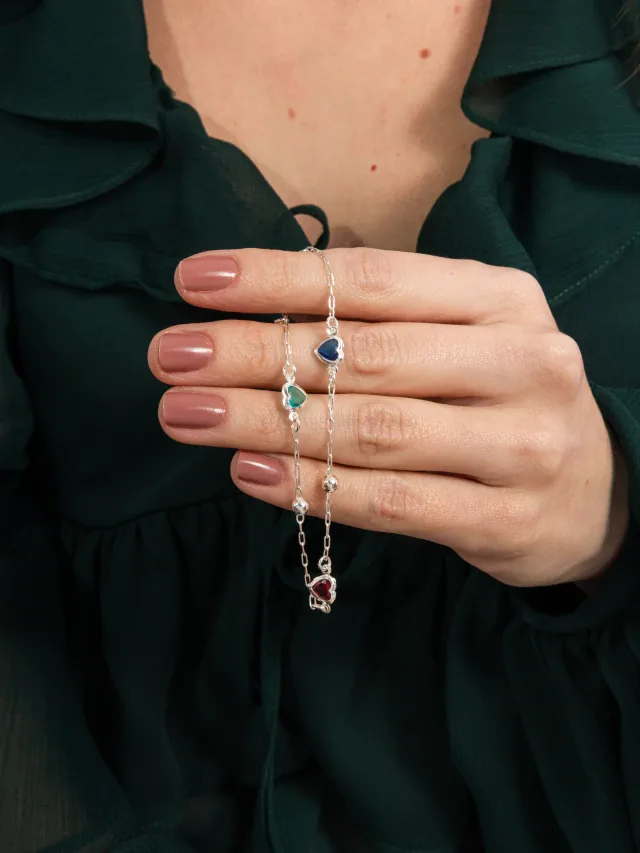 Pulseira de Prata 925 Bolinhas e Corações Coloridos