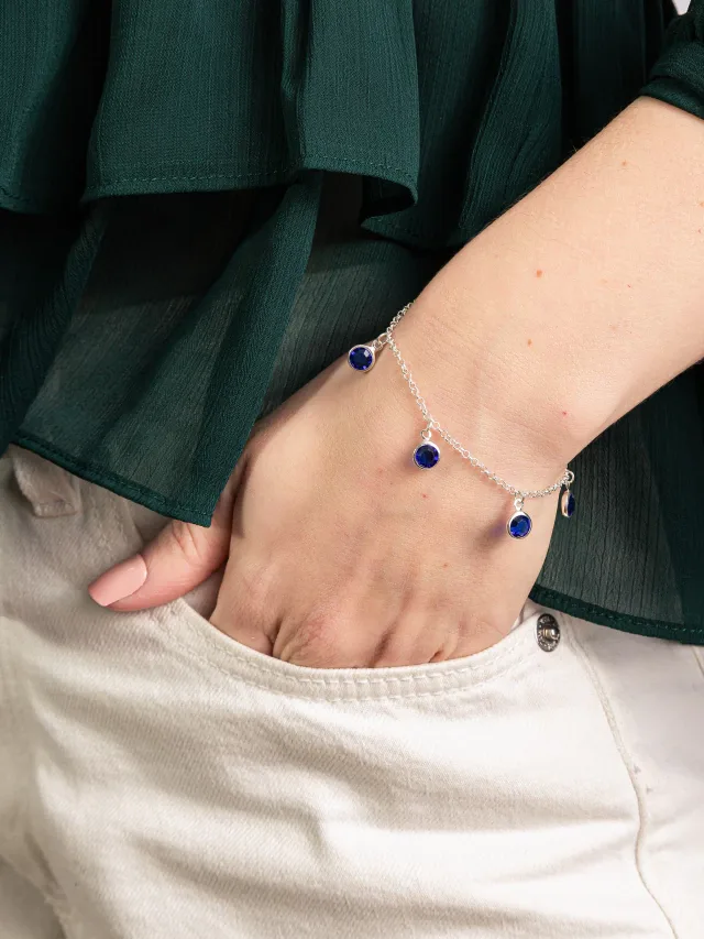 Pulseira de Prata 925 Zircônias Redondas Penduradas Azuis Escuras