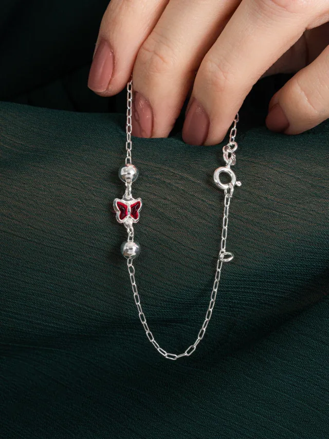 Pulseira de Prata 925 Borboleta Vermelha e Bolas