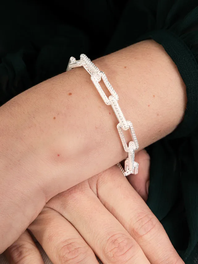 Pulseira de Prata 925 Renda Italiana Elos Retangulares