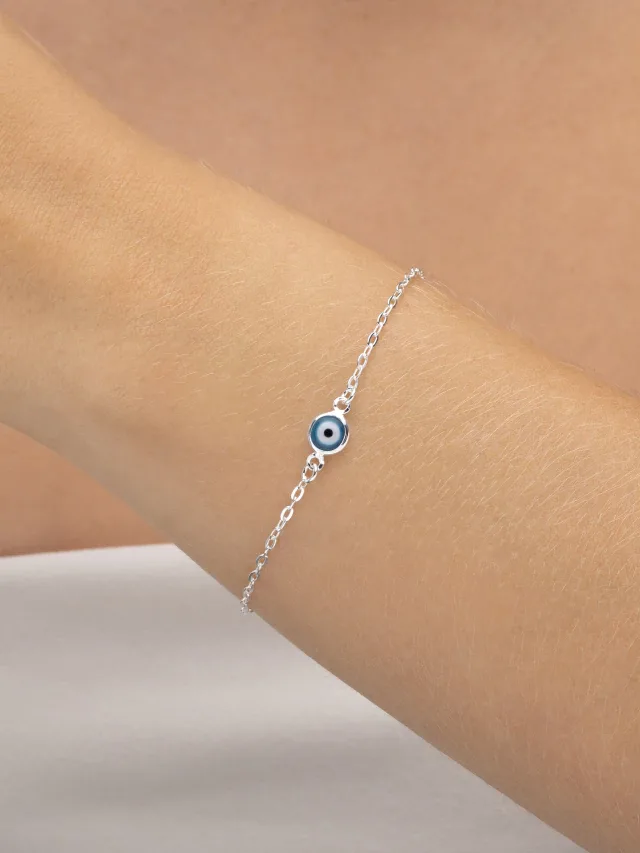 Pulseira de Prata 925 Olho Grego Central Azul Claro Delicado