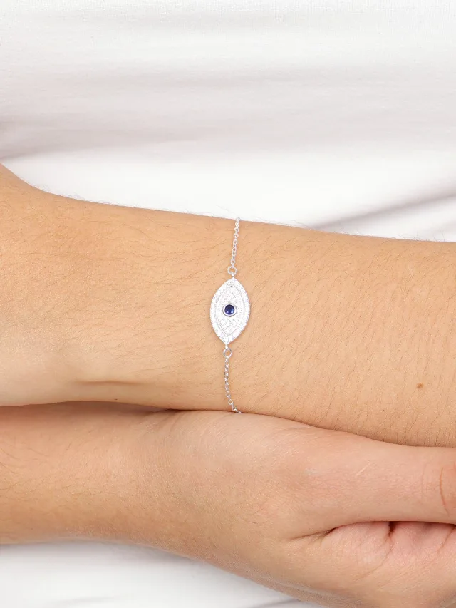 Pulseira de Prata 925 Olho Grego Grande Cravejado com Zircônias