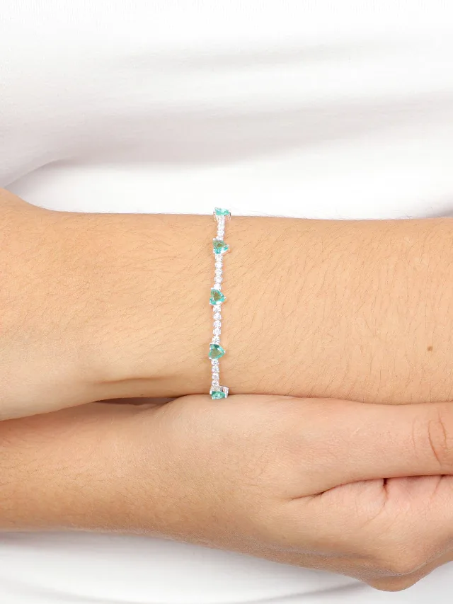 Pulseira de Prata 925 Riviera Branca com Corações Verdes Turmalina