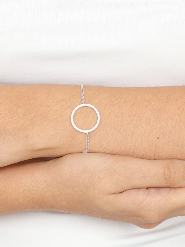Pulseira de Prata 925 Corrente Dupla e Círculos Cravejados