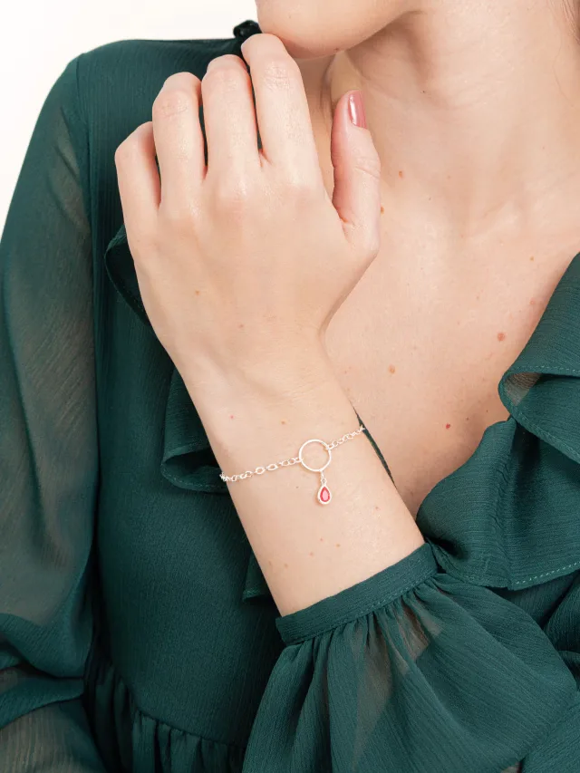 Pulseira de Prata 925 Círculo Vazado com Gota Vermelha