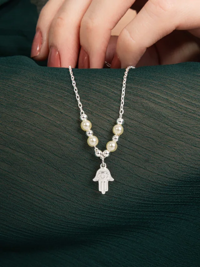 Pulseira de Prata 925 Mão de Fátima com Bolinhas e Pérolas