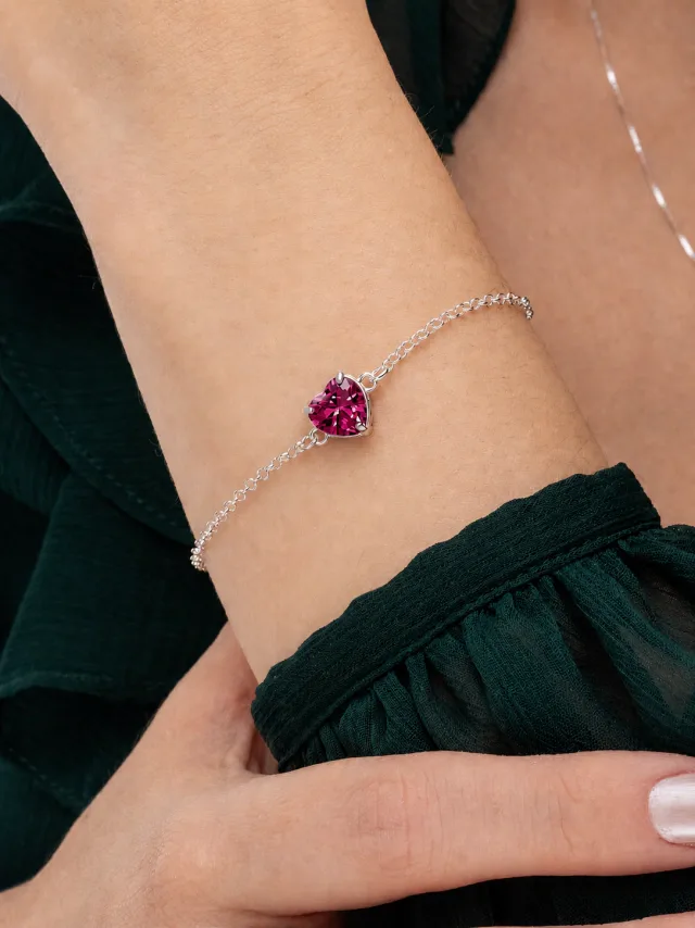 Pulseira de Prata 925 Coração Zircônia Rosa Escuro Central