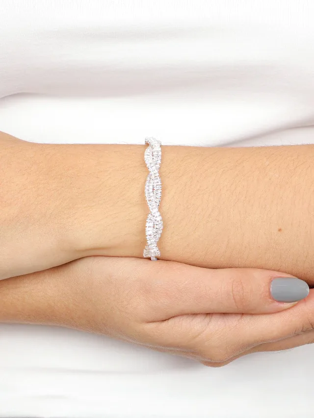Pulseira de Prata 925 Riviera Trançada Brilhante Zircônia Brancas