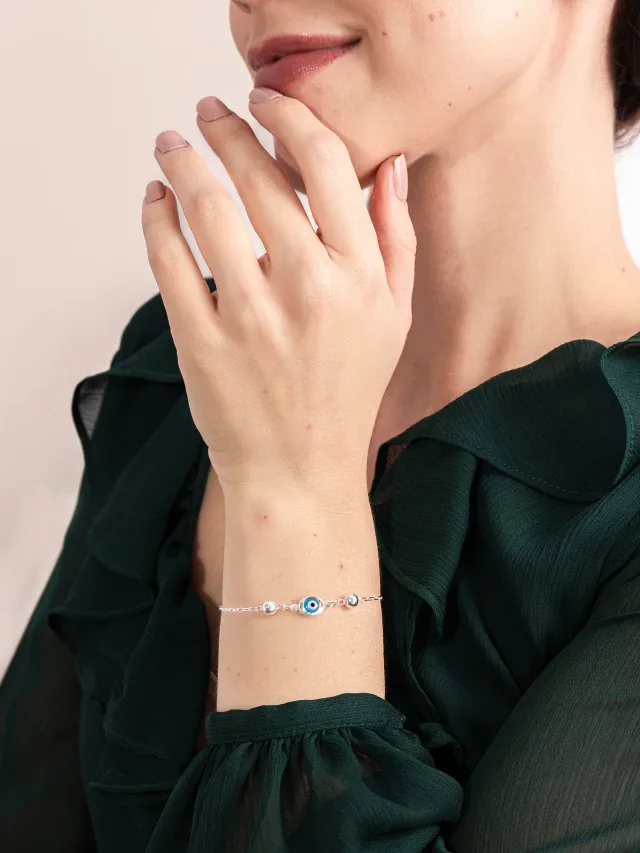 Pulseira de Prata 925 Olho Grego Azul Central e Bolas