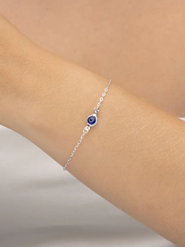 Pulseira de Prata 925 Olho Grego Central Azul Escuro Delicado