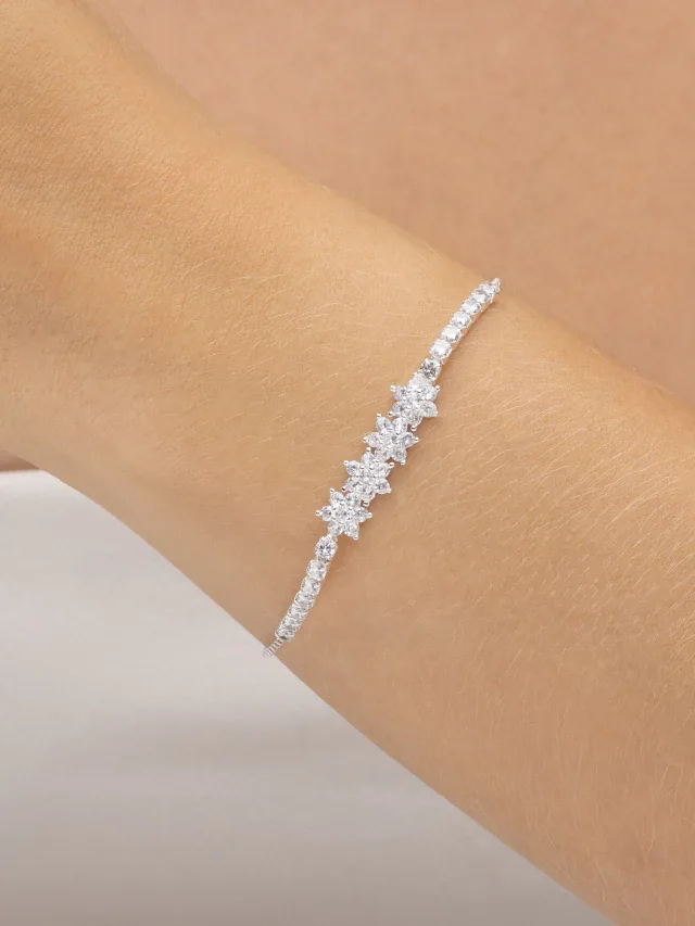 Pulseira de Prata 925 Riviera com Flores em Zircônias Brancas
