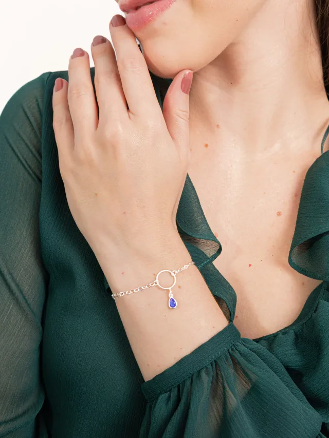 Pulseira de Prata 925 Círculo Vazado com Gota Azul