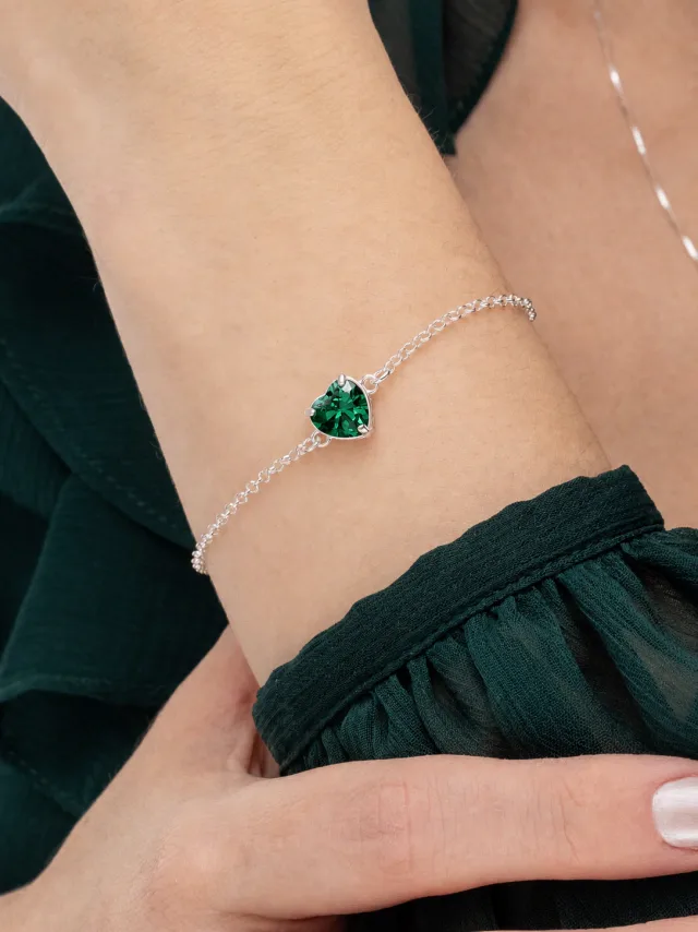 Pulseira de Prata 925 Coração Zircônia Verde Escuro Central
