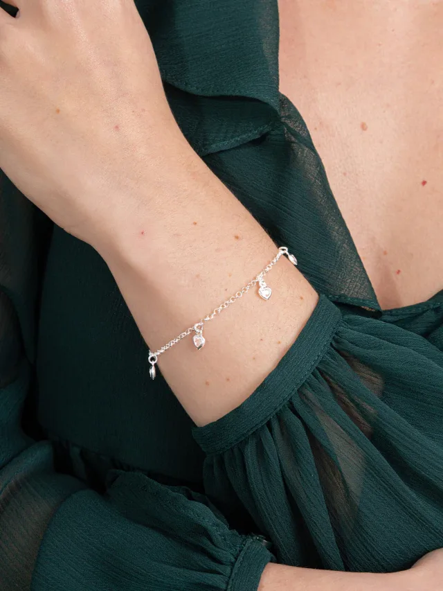 Pulseira de Prata 925 Mini Corações Zircônias Brancas