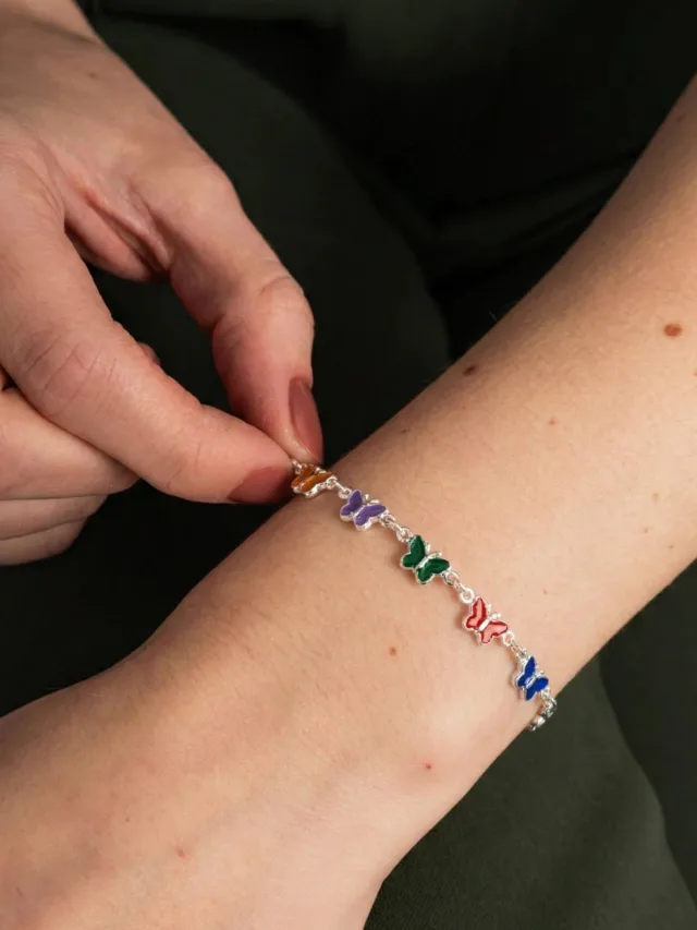 Pulseira de Prata 925 Borboletas Coloridas
