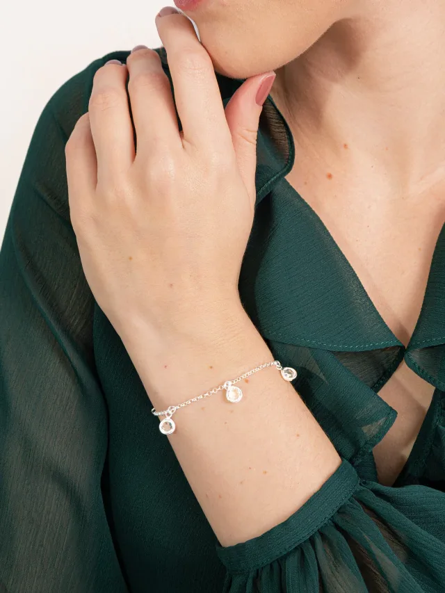 Pulseira de Prata 925 Zircônias Redondas Penduradas Brancas