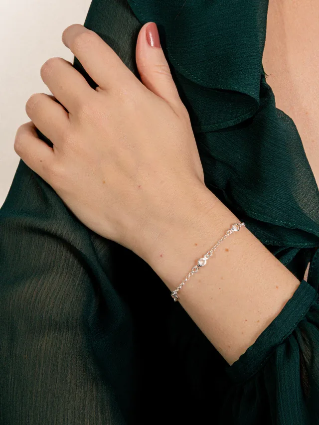 Pulseira de Prata 925 Mini Zircônias Redondas Brancas