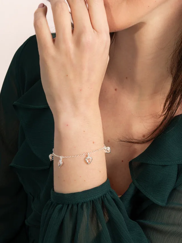 Pulseira de Prata 925 Corações Pendurados Brancos