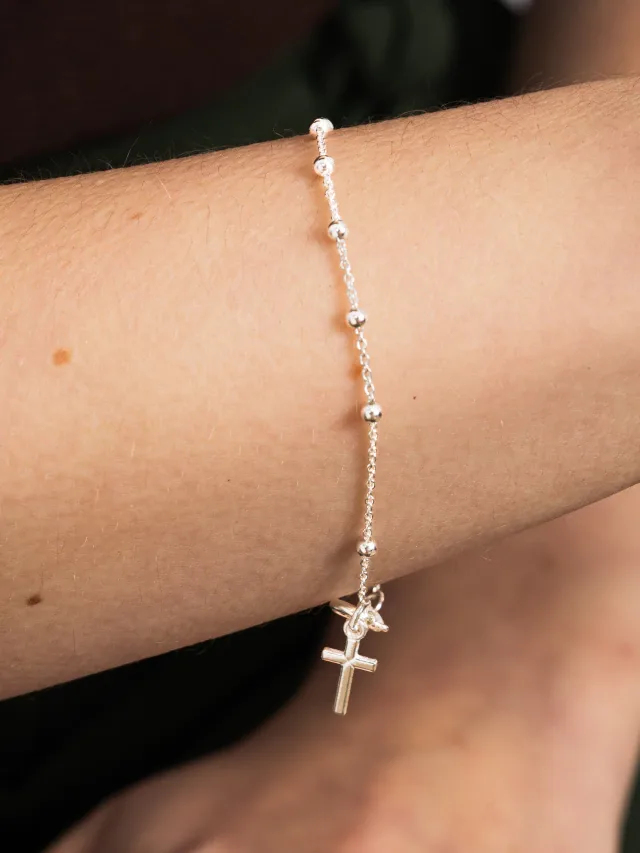 Pulseira de Prata 925 Bolinhas com Cruz