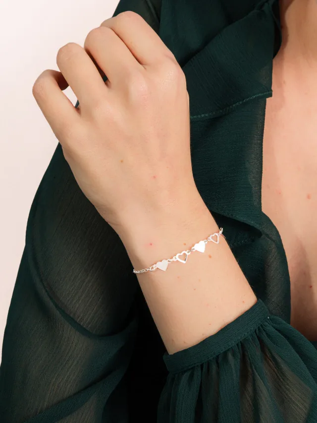 Pulseira De Prata 925 Corações Lisos e Vazados