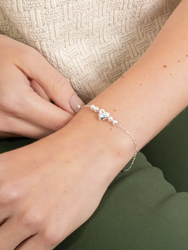 Pulseira de Prata 925 Coração Central com Bolinhas