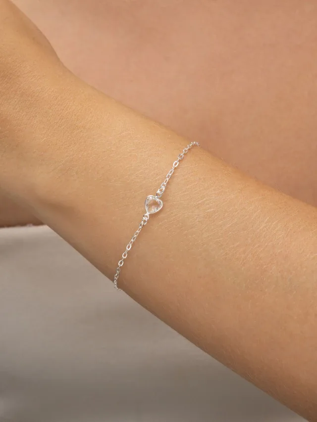 Pulseira de Prata 925 Ponto de Luz Coração Branco Central