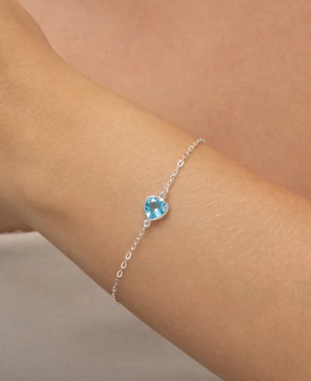 Pulseira de Prata 925 Ponto de Luz Coração Azul Claro Central