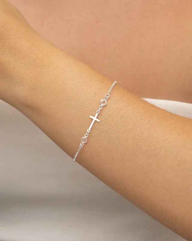 Pulseira de Prata 925 Cruz Central com Ponto de Luz